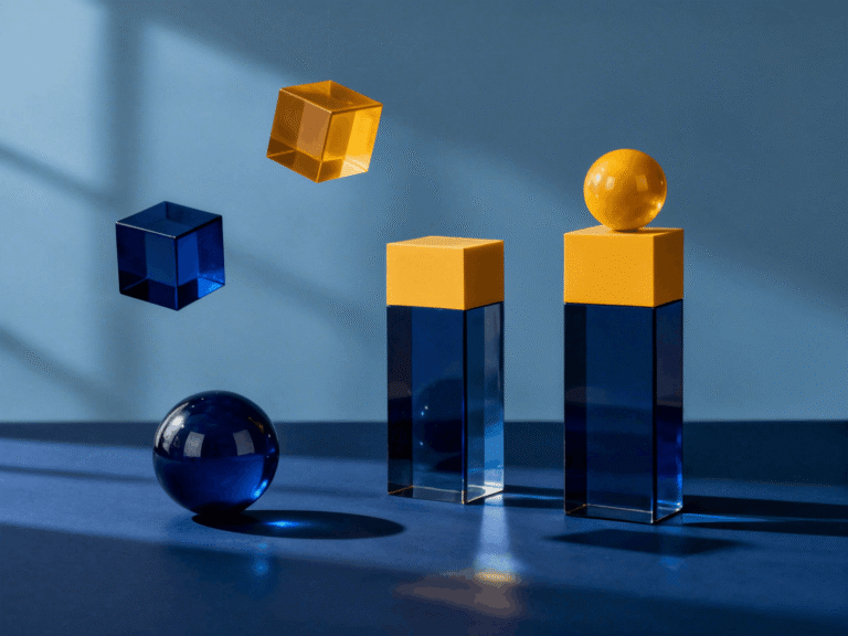 Composição minimalista com cubos e esferas azuis e amarelos, alguns apoiados em blocos transparentes e outros suspensos, sobre fundo azul com iluminação lateral e sombras marcadas.