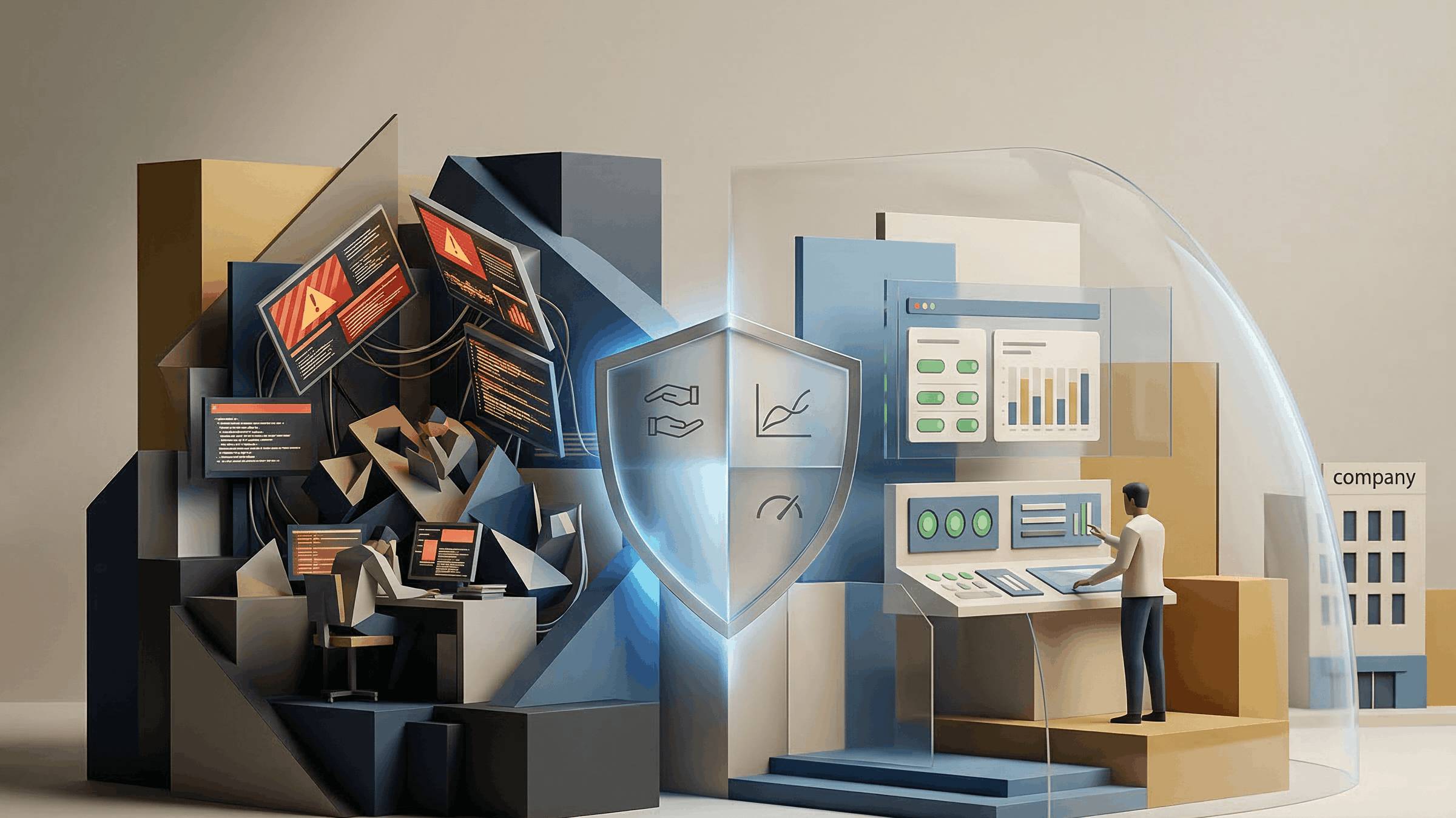 Terceirização de Segurança da Informação e Privacidade representada por empresa migrando de operação interna complexa para gestão especializada com monitoramento contínuo e proteção de dados