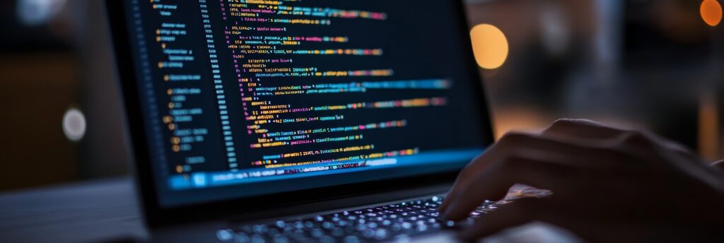 Tela de laptop exibindo código em execução enquanto uma pessoa digita, representando práticas de Segurança de APIs em ambiente de desenvolvimento.