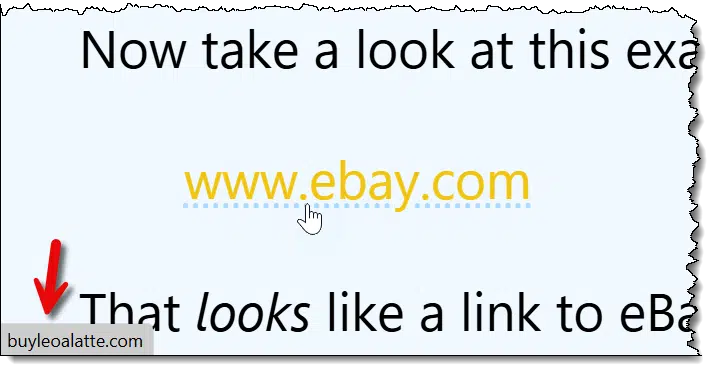Exemplo de phishing mostrando o texto “www.ebay.com”
como link aparente, enquanto no canto inferior aparece a URL real “buyleoalatte.com”, indicando discrepância entre o link exibido e o destino.