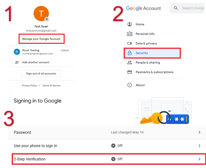 Tela de configurações da conta do Google com a aba “Security” destacada em vermelho. À esquerda há um perfil de usuário logado. O fundo combina folhas secas sobre grama e um material escuro rasgado, sugerindo vulnerabilidade.
