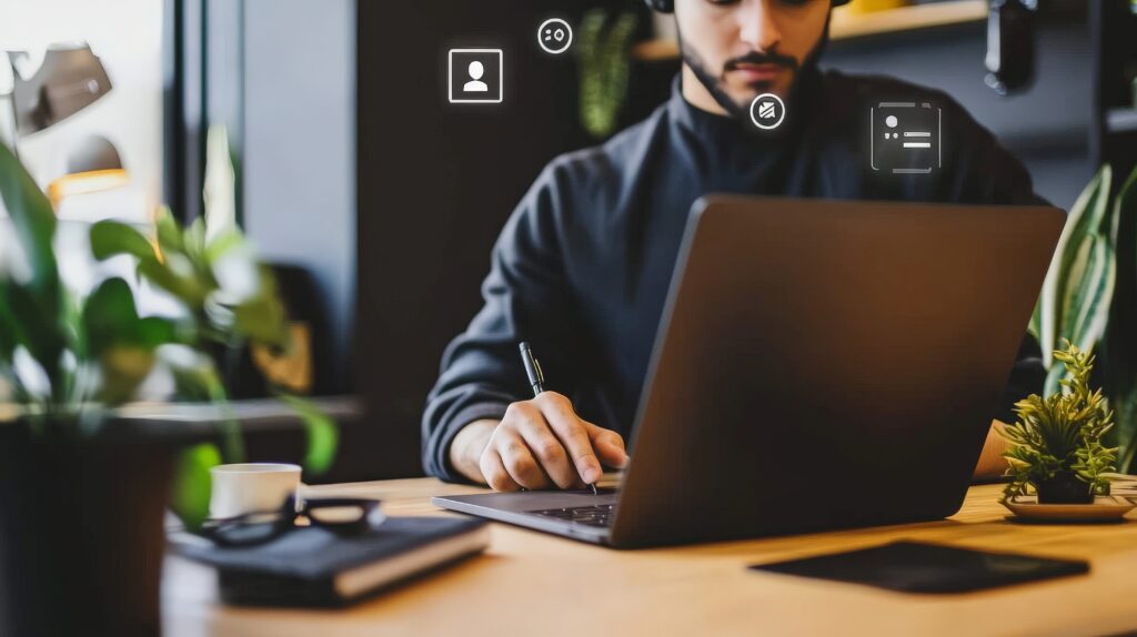 Profissional iniciando carreira em tecnologia trabalhando no notebook em ambiente moderno, representando como entrar em cibersegurança sem experiência, estudo prático, capacitação online e primeiros passos para atuar no mercado de segurança da informação.