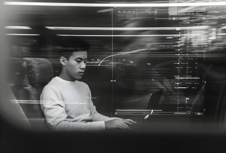 oriental andando de trem e mexendo no laptop