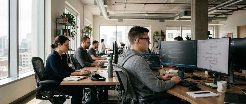 pessoas no escritorio trabalhando em seus computadores